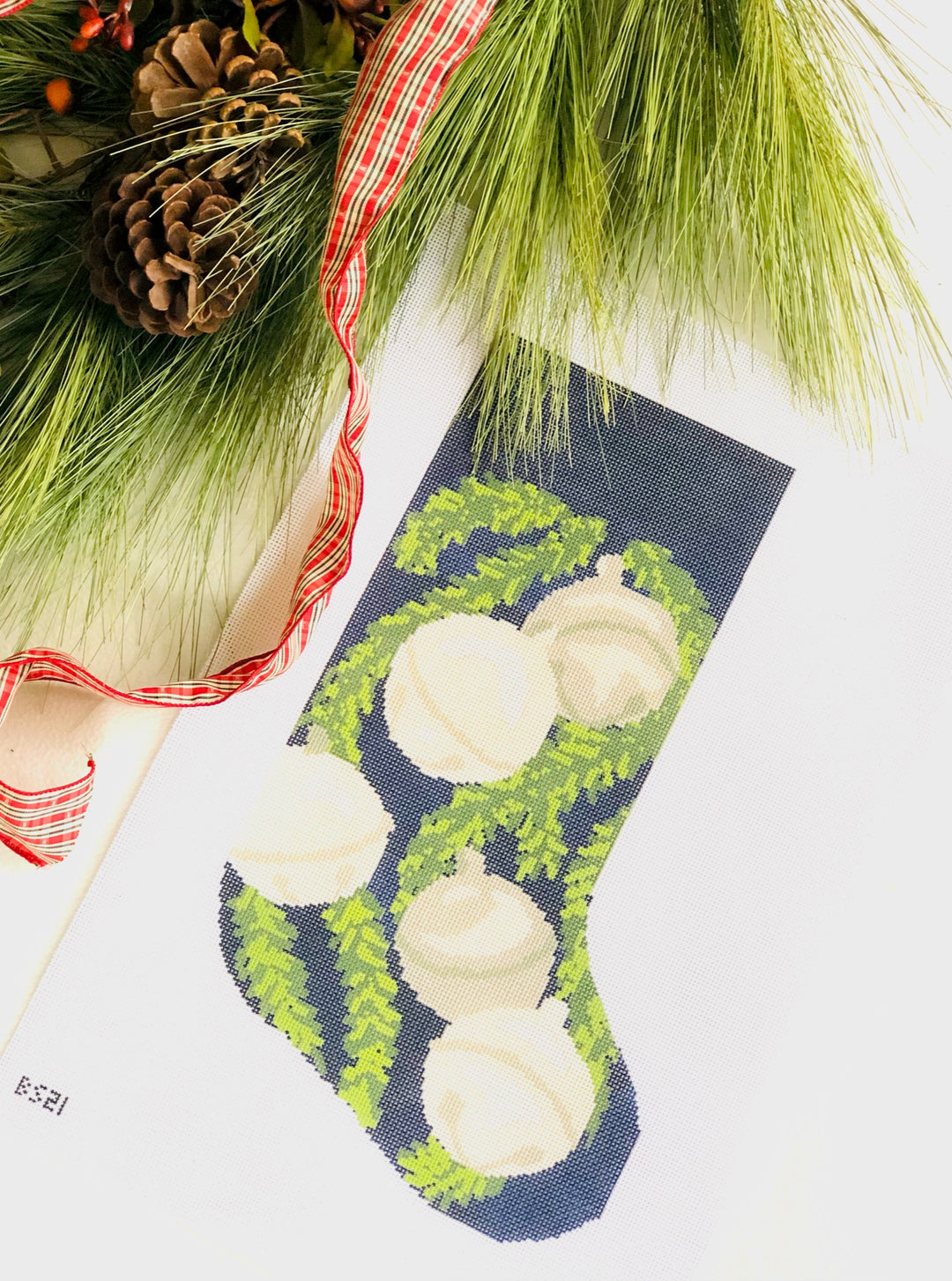 Jingle Bells Bauble Stocking Canvas August Trunk Show-Needlepoint Canvas-KCN Designers-The Pepper Pot Barrington, IL