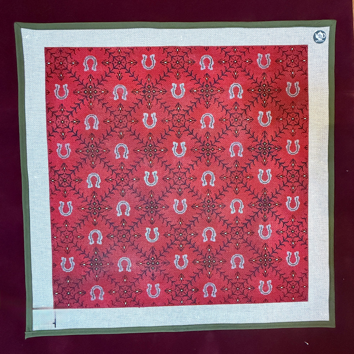 Kismet Horseshoe Bandana- Red-Needlepoint Canvas-Thorn Alexander-The Pepper Pot Barrington, IL