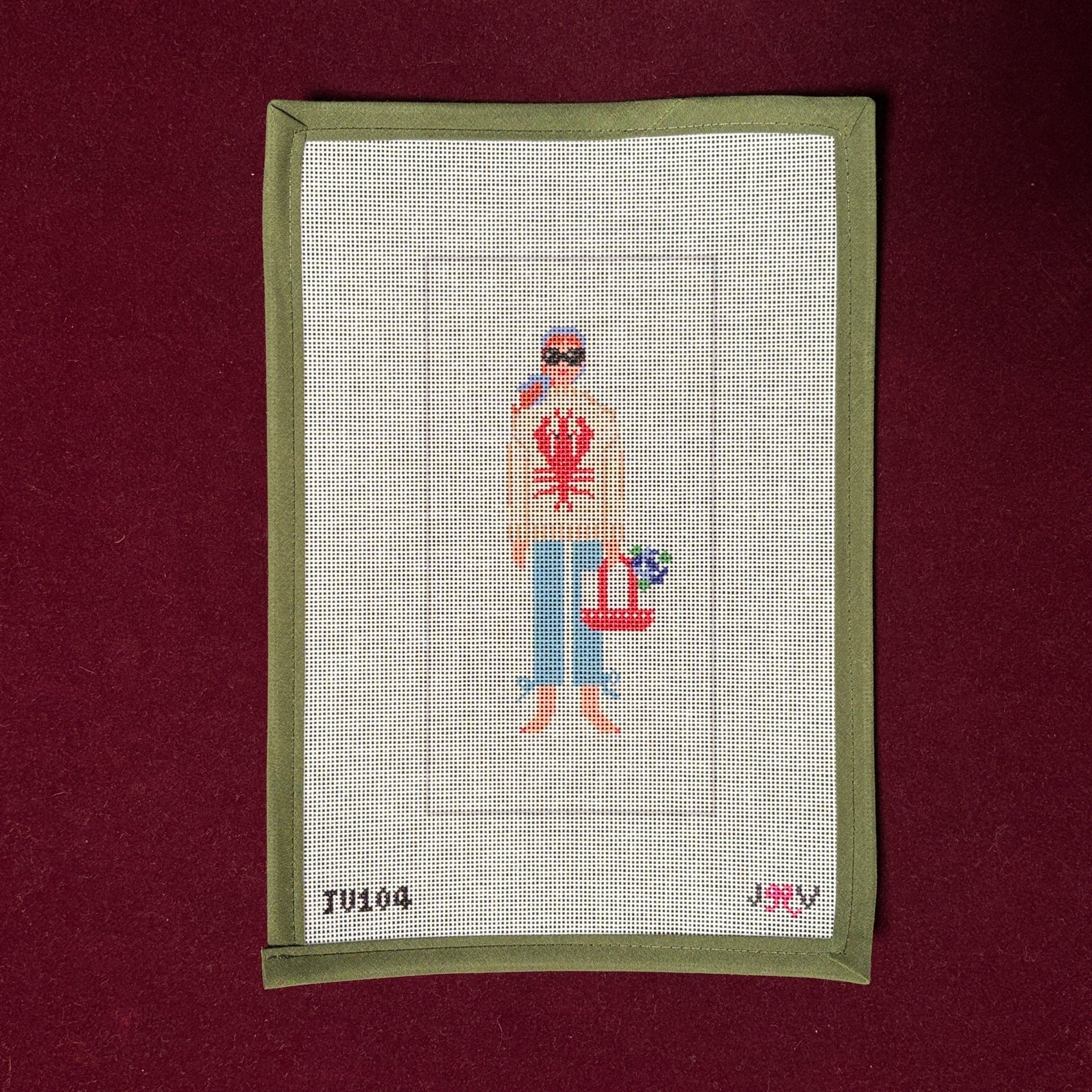 Lobster Sweater Pants Girl-Needlepoint Canvas-Jennifer Vallez Handmade-The Pepper Pot Barrington, IL
