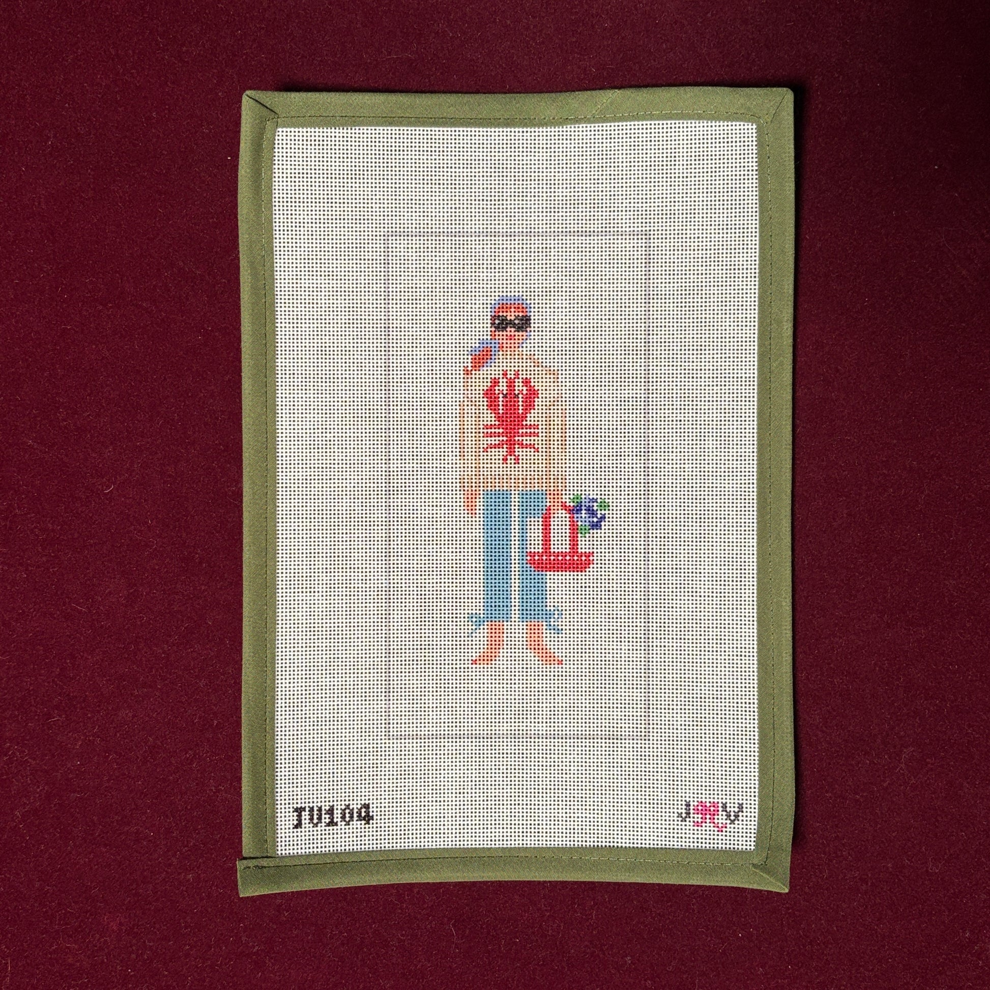 Lobster Sweater Pants Girl-Needlepoint Canvas-Jennifer Vallez Handmade-The Pepper Pot Barrington, IL