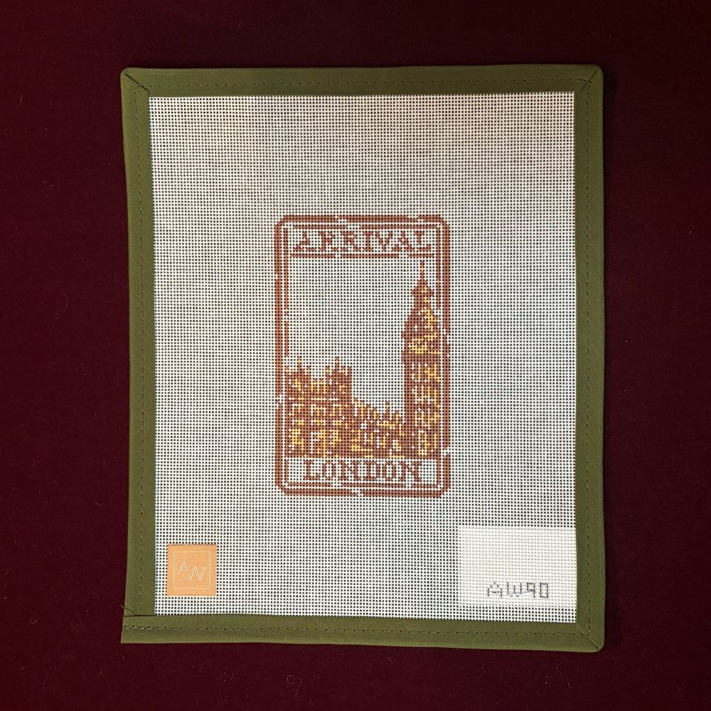 Needlepoint Canvas design of Big Ben with 'Arrival London' text 