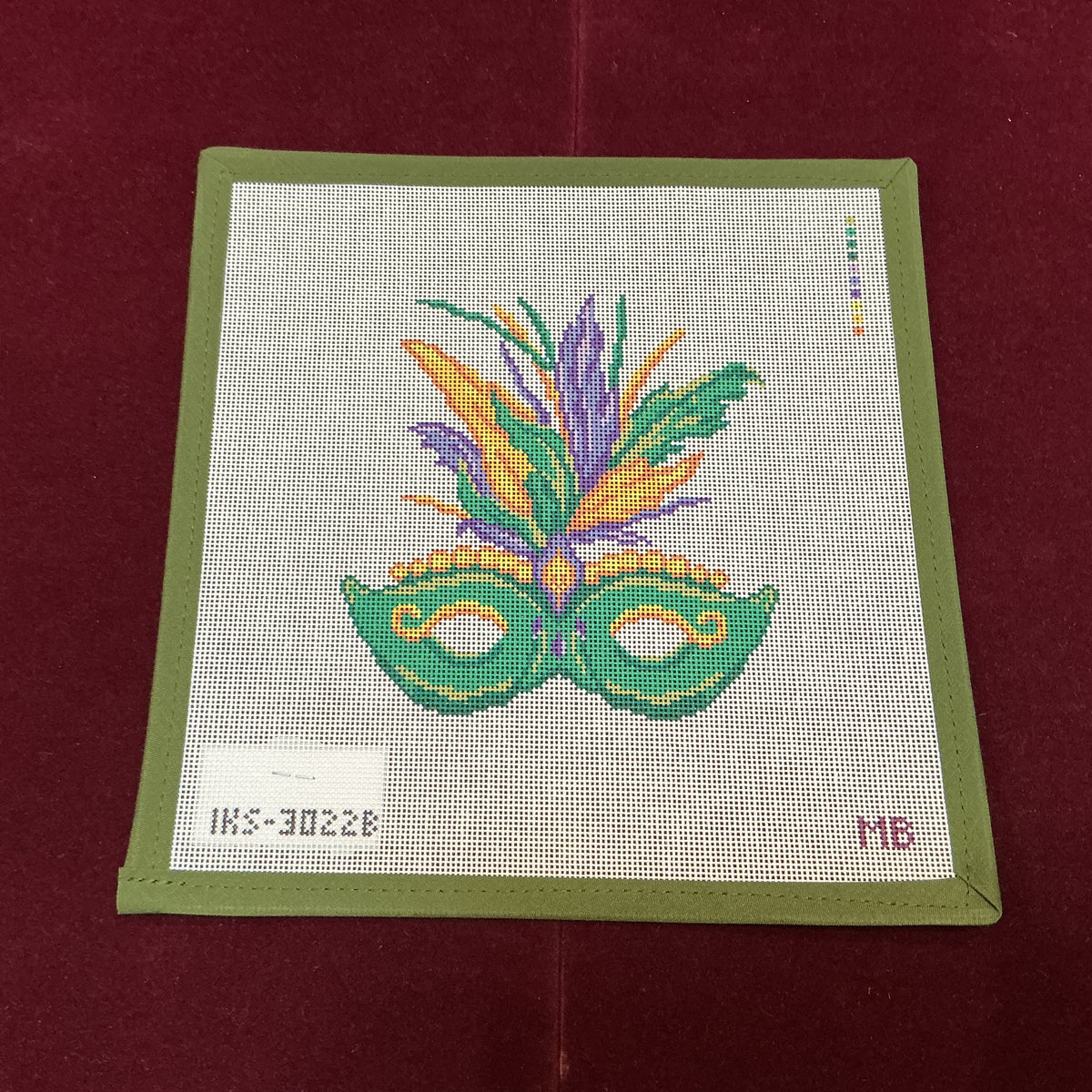 Mardi Gras Mask, Green-Needlepoint Canvas-Initial K Studio-The Pepper Pot Barrington, IL