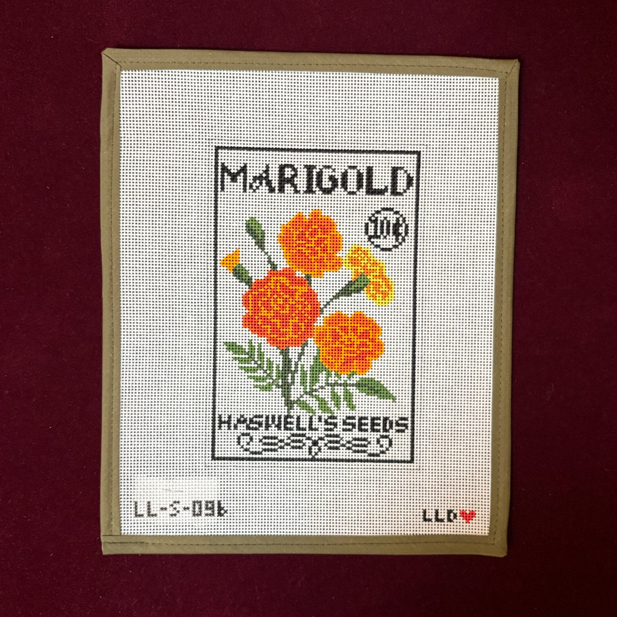 Marigold Seed Packet (13 Mesh)-Needlepoint Canvas-Laura Love Designs-The Pepper Pot Barrington, IL