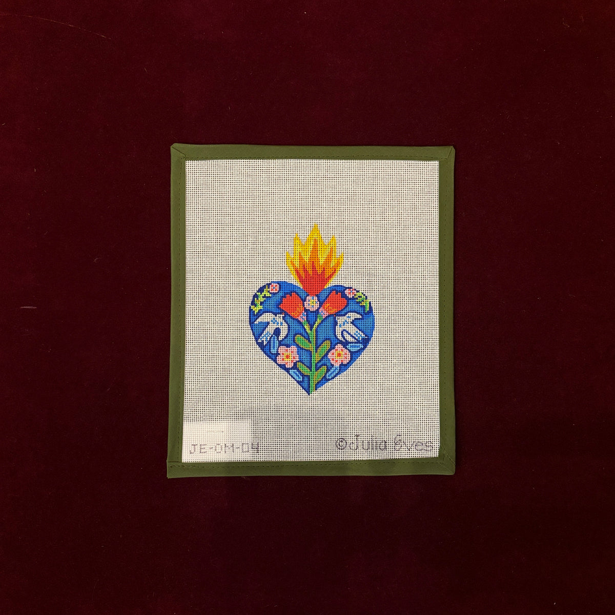Milagro Heart with Flowers, Doves and Flame-Needlepoint Canvas-Kate Dickerson-The Pepper Pot Barrington, IL
