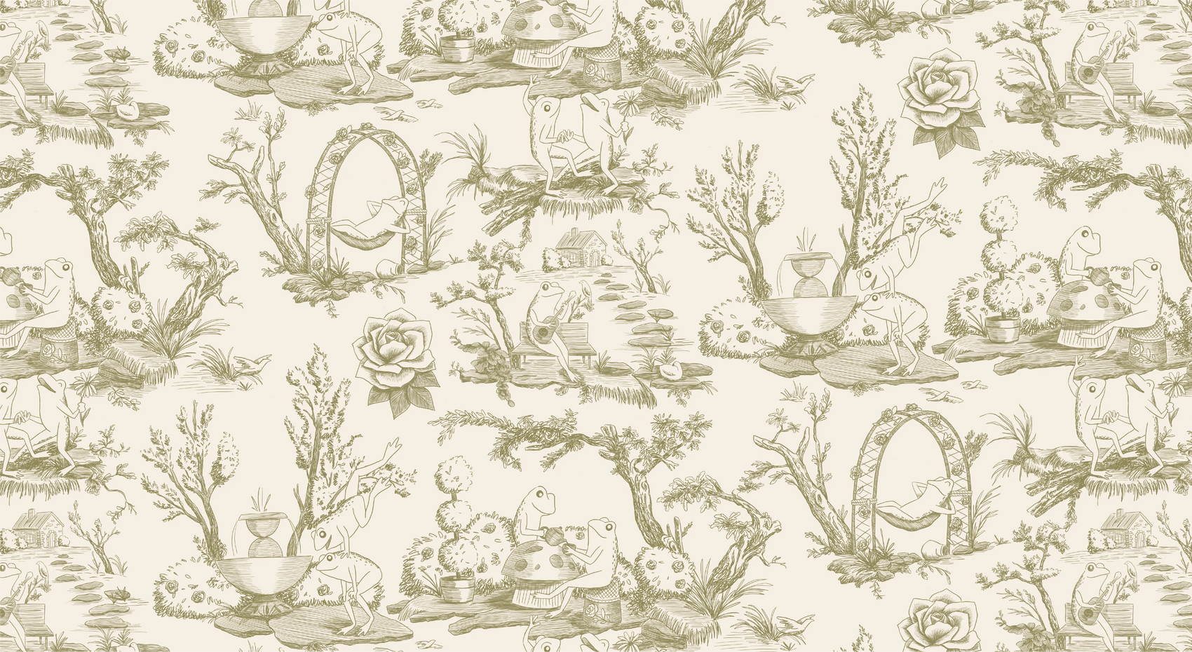 Vintage-style pattern with nature elements and architectural details on a beige background. The Pepper Pot in Barrington, IL