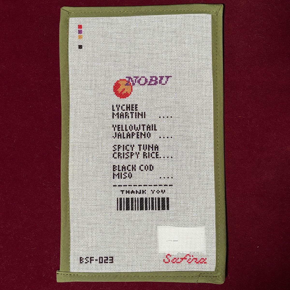 Nobu Receipt-Needlepoint Canvas-Safira Stitches-The Pepper Pot Barrington, IL
