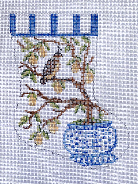 Partridge in a Pear Tree Ornament Sized Stocking August Trunk Show-Needlepoint Canvas-KCN Designers-The Pepper Pot Barrington, IL
