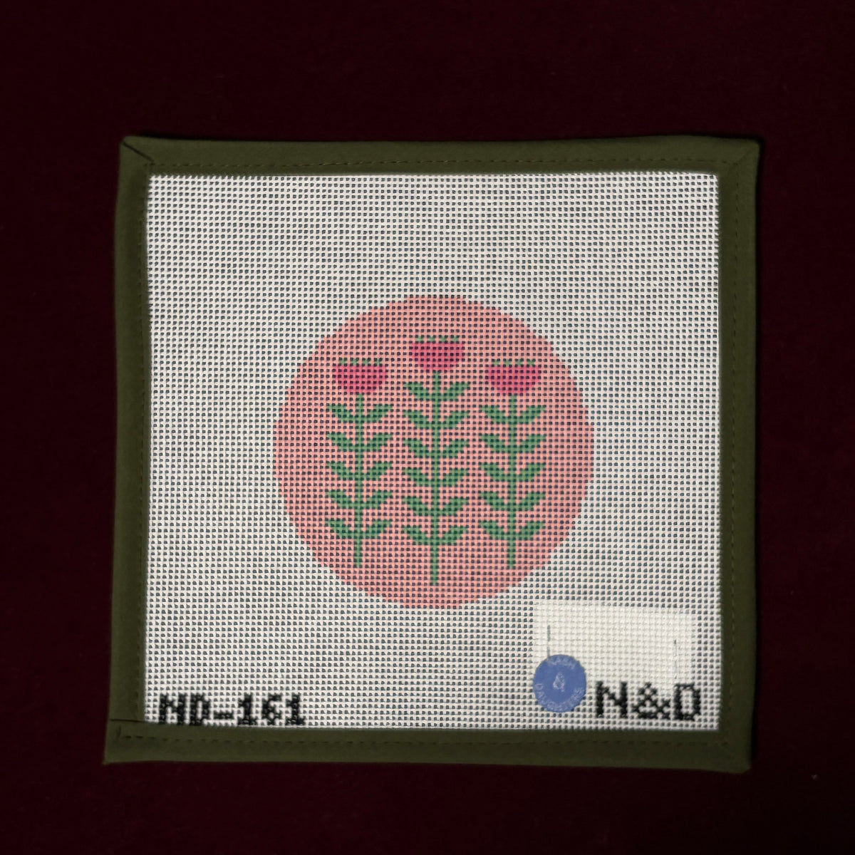 Pink and Green Block Print Flower A Round-Needlepoint Canvas-The Pepper Pot-The Pepper Pot Barrington, IL