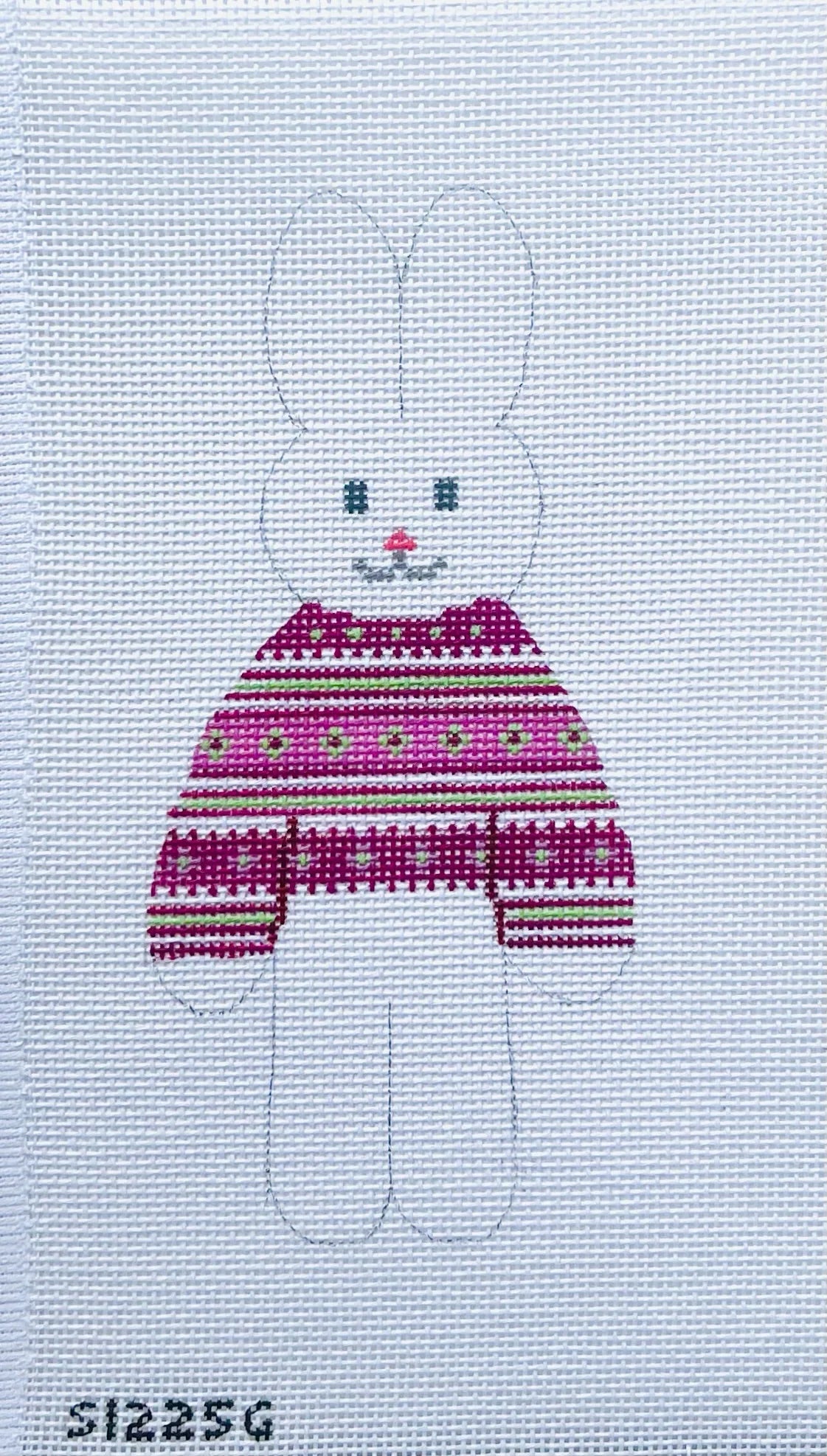 Pink and Green Sweater Bunny August Trunk Show-Needlepoint Canvas-KCN Designers-The Pepper Pot Barrington, IL