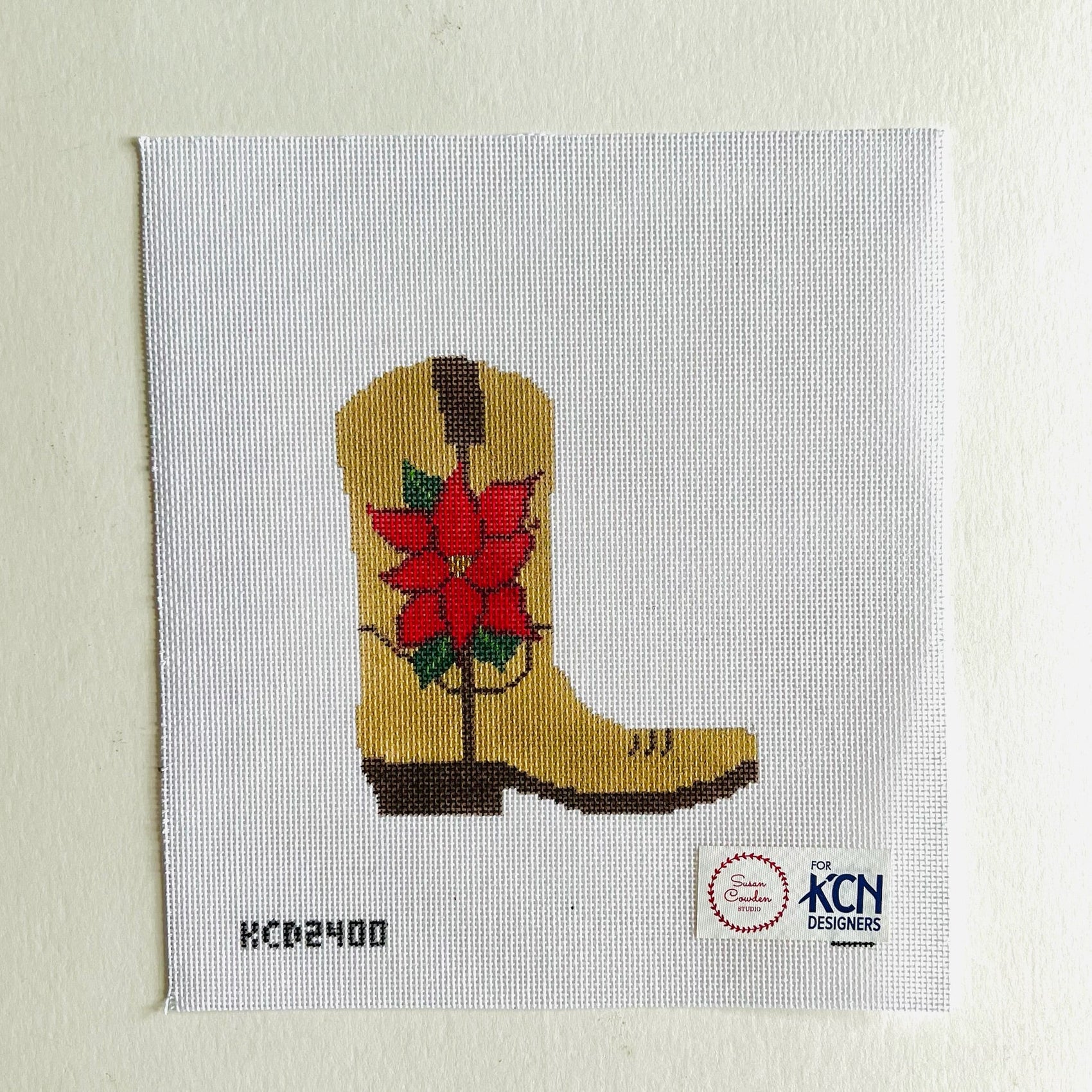 Poinsettia Cowboy Boot August Trunk Show-Needlepoint Canvas-KCN Designers-The Pepper Pot Barrington, IL