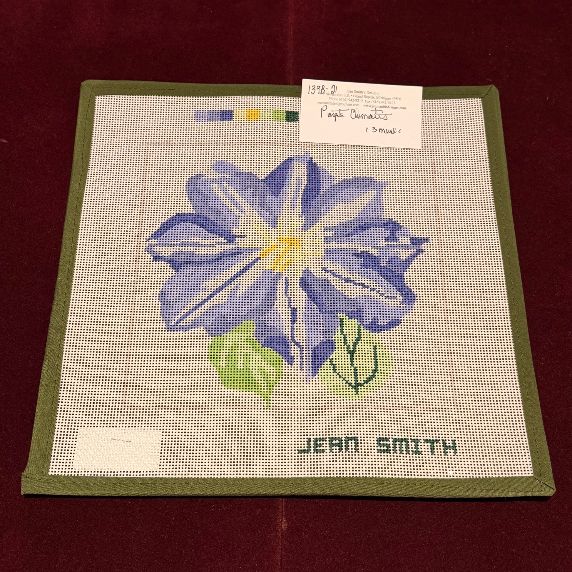 Purple Clematis-Needlepoint Canvas-Jean Smith-The Pepper Pot Barrington, IL