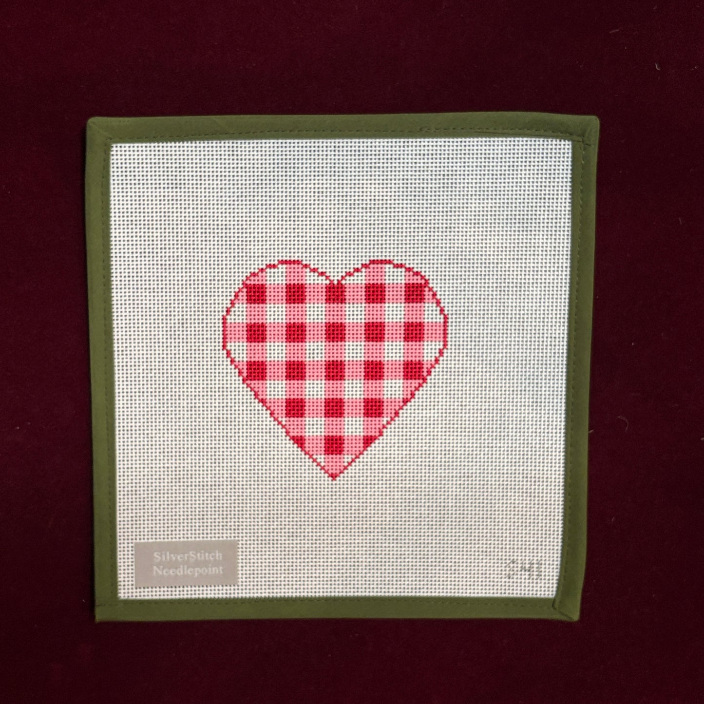 Red Gingham Heart (Small)-Needlepoint Canvas-Silverstitch Needlepoint-The Pepper Pot Barrington, IL