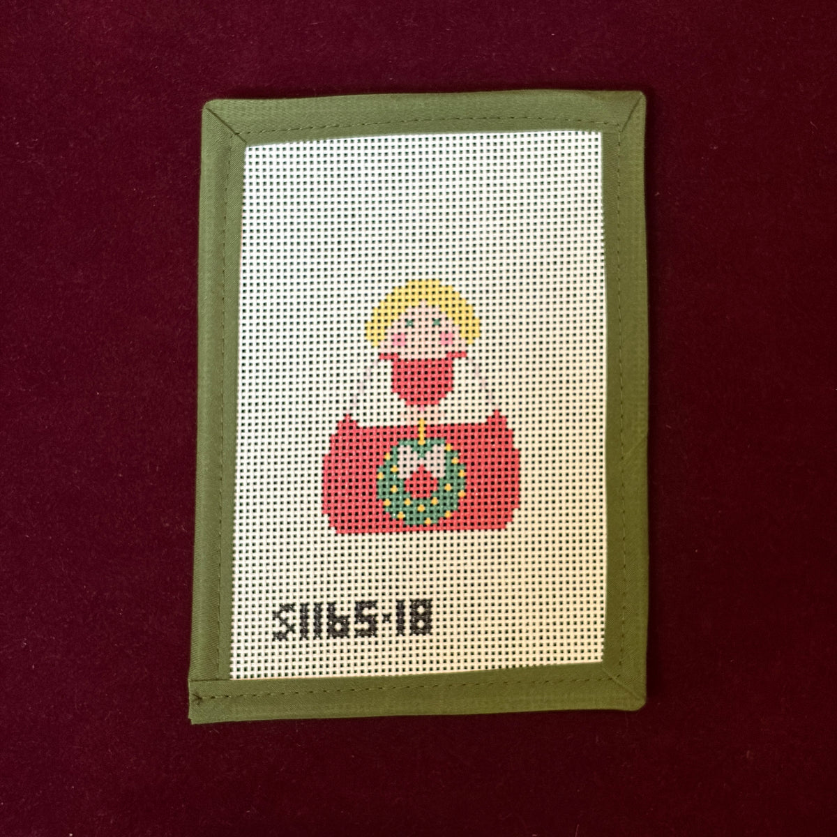 Red Stitch-It Angel with Green Wreath and Silver Bow-Needlepoint Canvas-KCN Designers-The Pepper Pot Barrington, IL