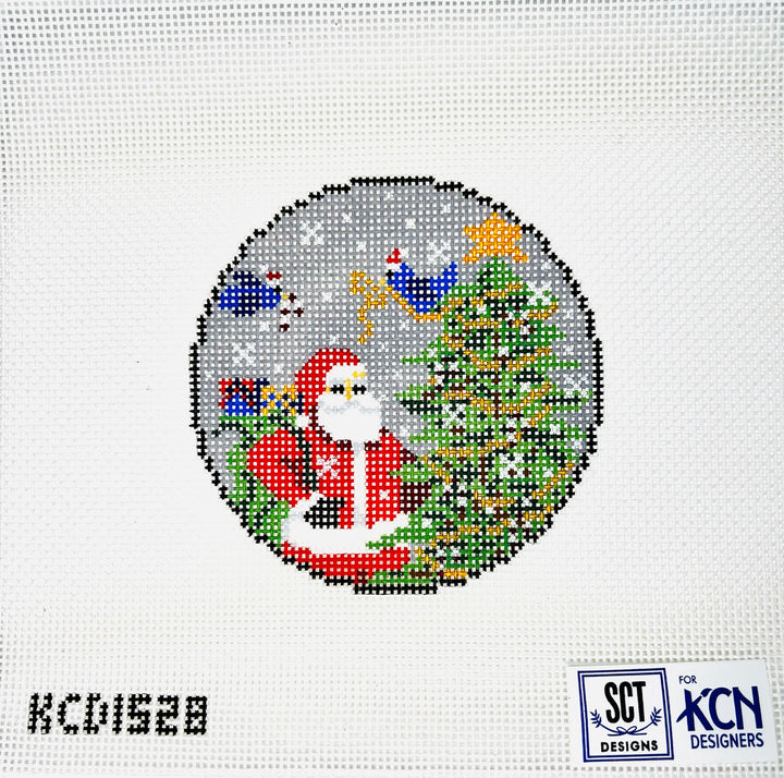 Santa and Birds Round August Trunk Show-Needlepoint Canvas-KCN Designers-The Pepper Pot Barrington, IL