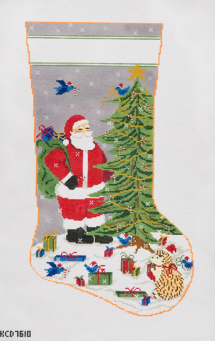 Santa with Forest Friends Stocking August Trunk Show-Needlepoint Canvas-KCN Designers-The Pepper Pot Barrington, IL