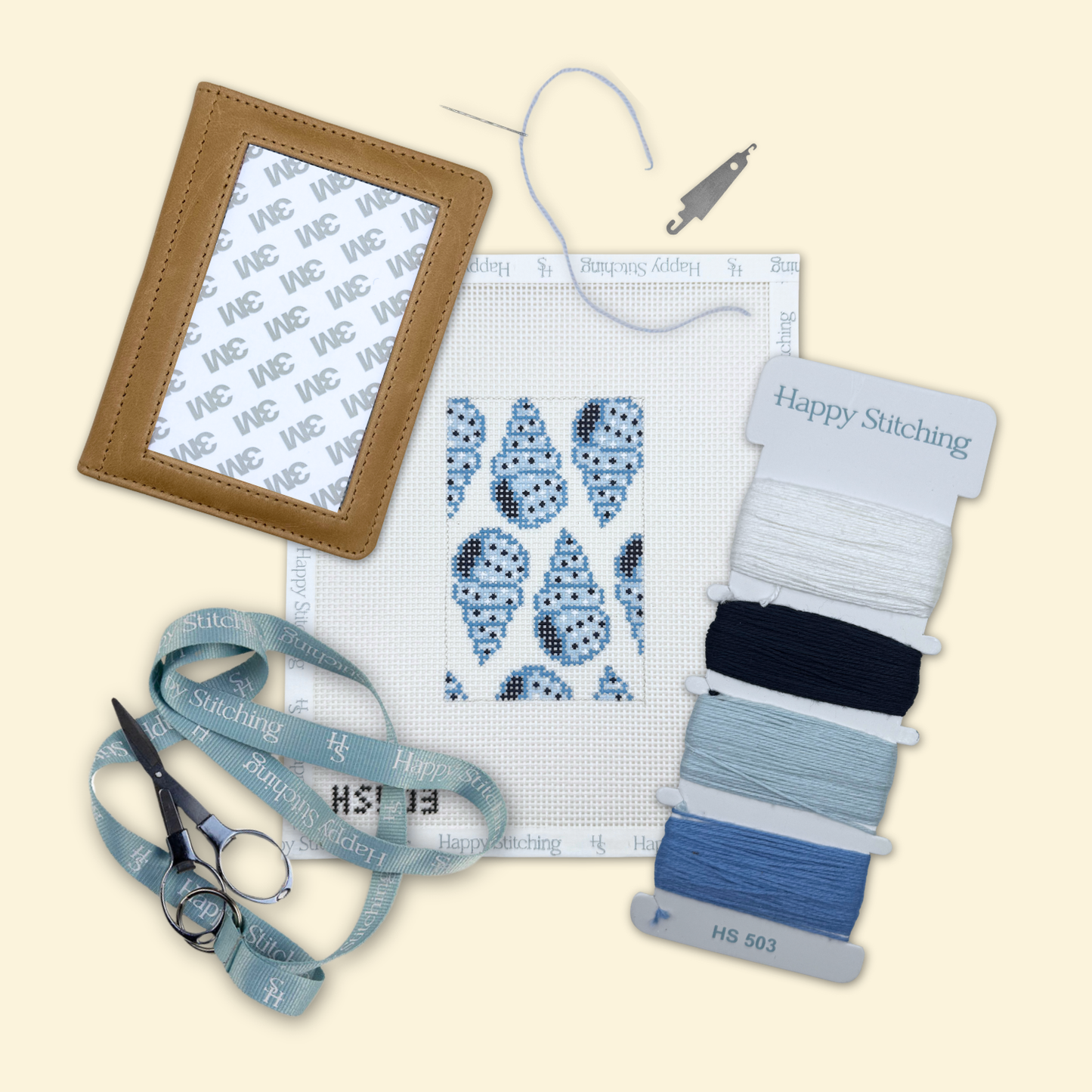 Shell needlepoint canvas with threads, scissors and self finishing case for beginners available at The Pepper Pot in Barrington IL