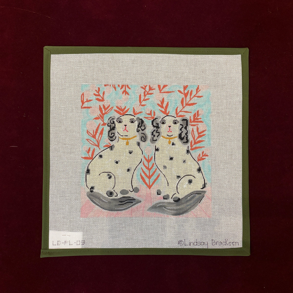 Staffordshire Dogs with Floral Wallpaper-Needlepoint Canvas-Kate Dickerson-The Pepper Pot Barrington, IL
