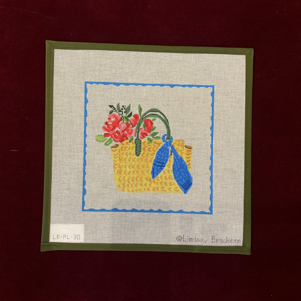 Straw Bag with Blue Scarf and Flowers-Needlepoint Canvas-Kate Dickerson-The Pepper Pot Barrington, IL