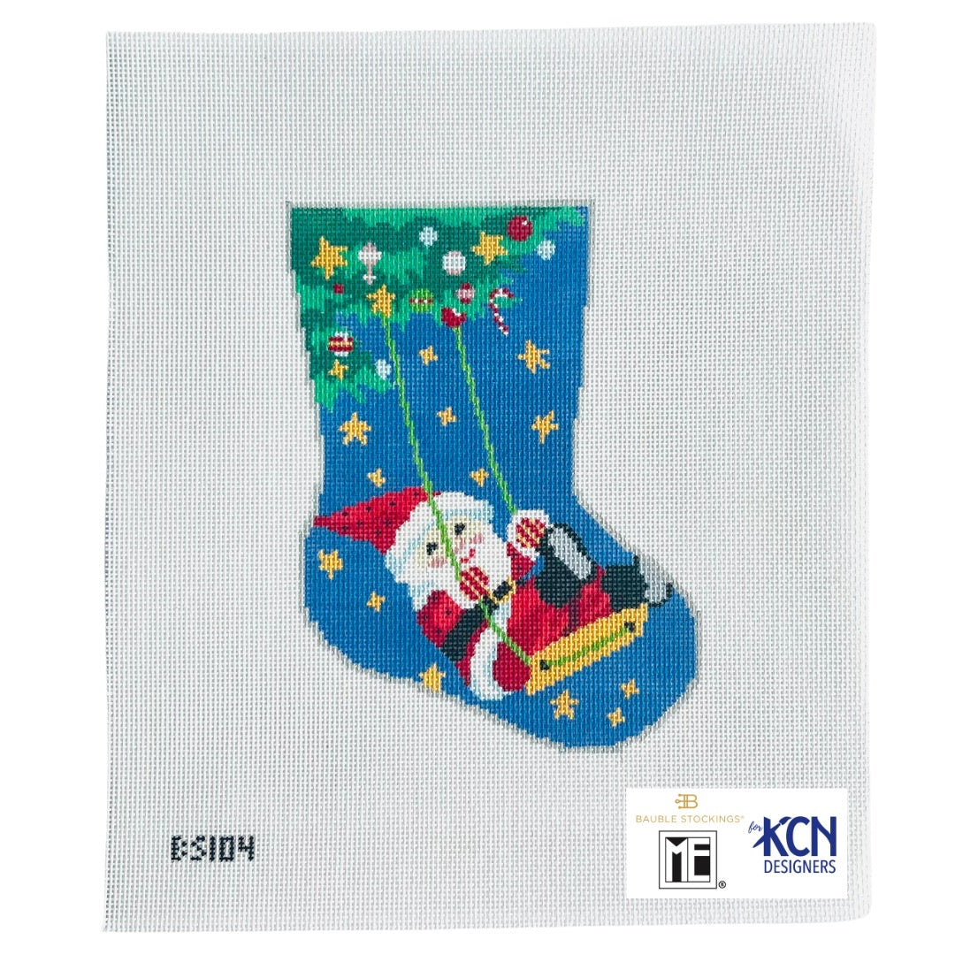 Swing Santa Ornament Sized Bauble Stocking Canvas August Trunk Show-Needlepoint Canvas-KCN Designers-The Pepper Pot Barrington, IL