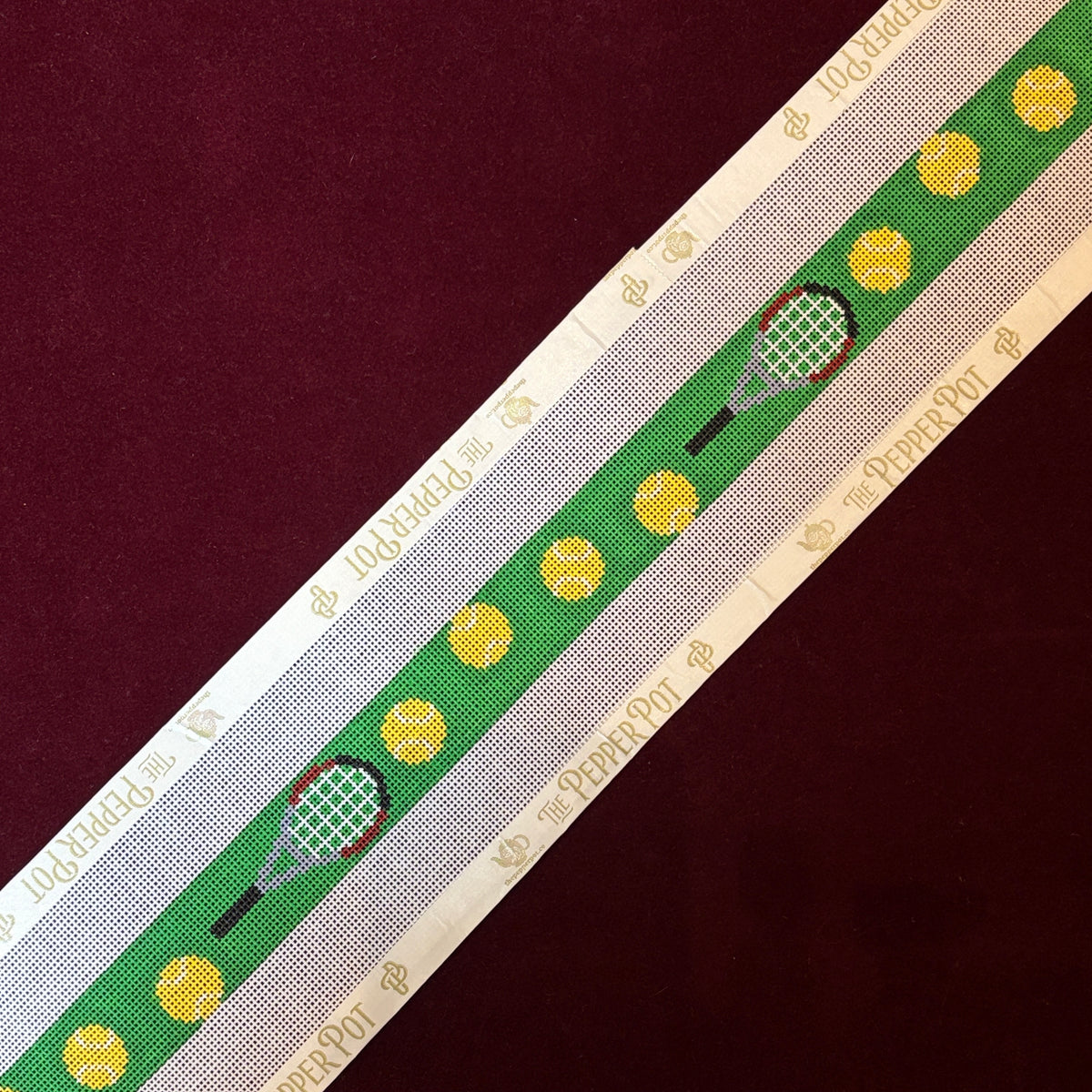 Tennis Rackets & Balls Belt-Needlepoint Canvas-Elm Tree-The Pepper Pot Barrington, IL