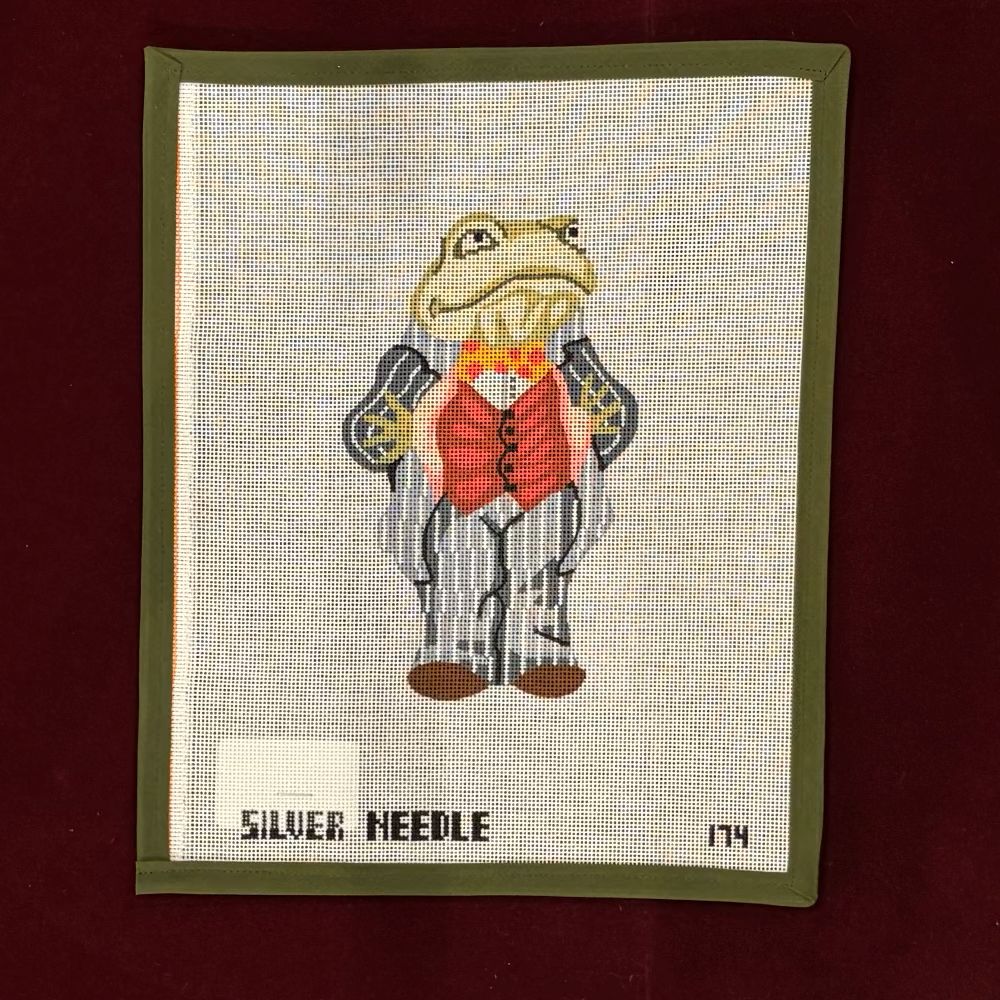 Cartoon Frog in Striped Uniform on a needlepoint canvas