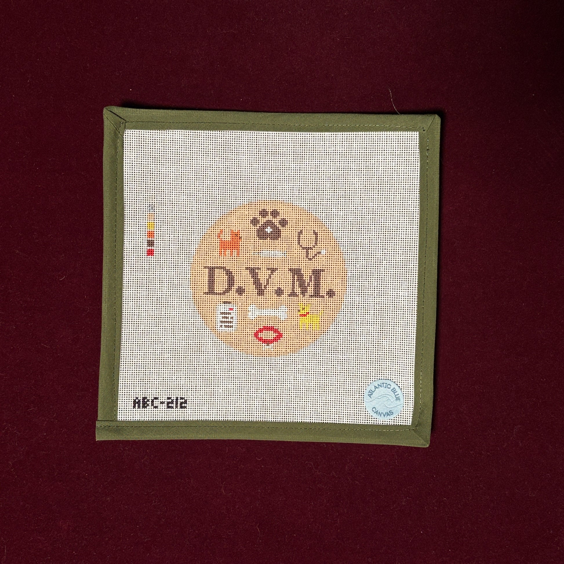 Veterinarian D.V.M Round-Needlepoint Canvas-Atlantic Blue Canvas-The Pepper Pot Barrington, IL