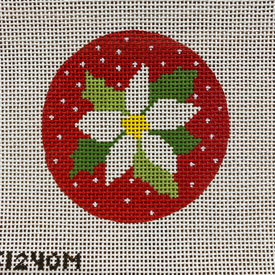 White Flower on Red Round August Trunk Show-Needlepoint Canvas-KCN Designers-The Pepper Pot Barrington, IL