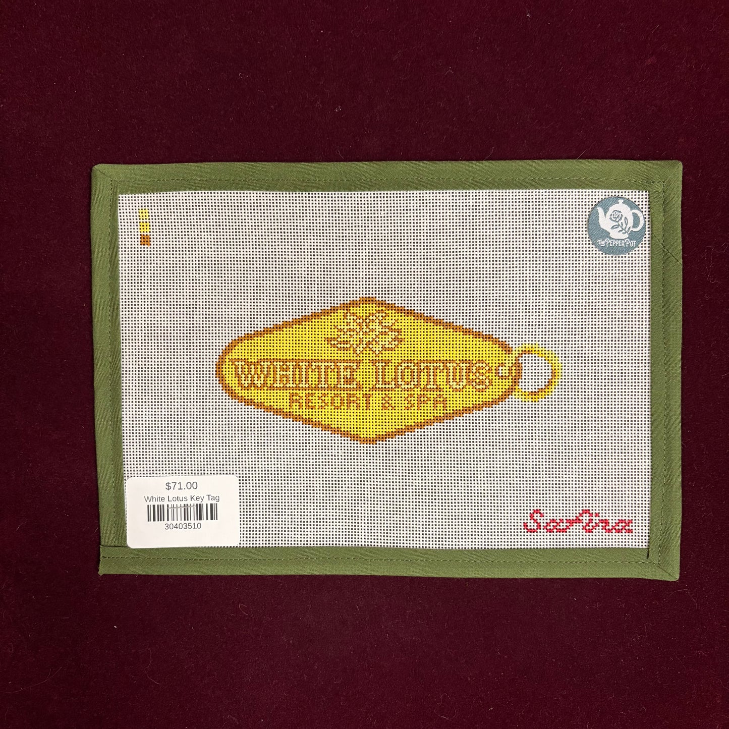 White Lotus Key Tag-Canvas-Safira Stitches-The Pepper Pot