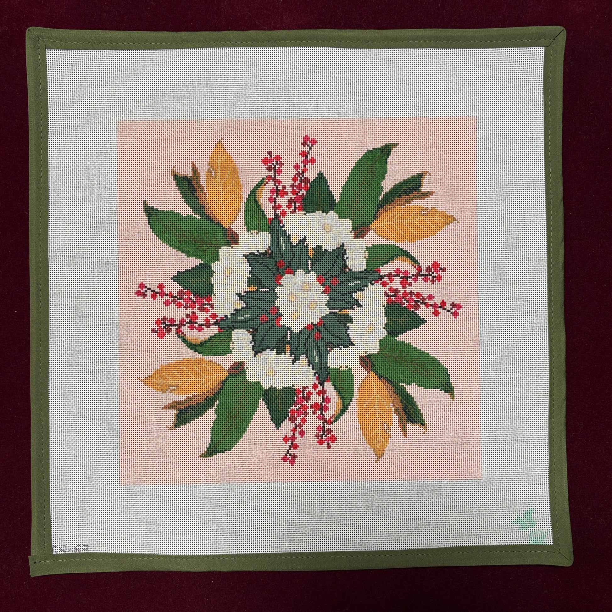 Winter Greens and paperwhites-Needlepoint Canvas-The Gingham Stitchery-The Pepper Pot Barrington, IL